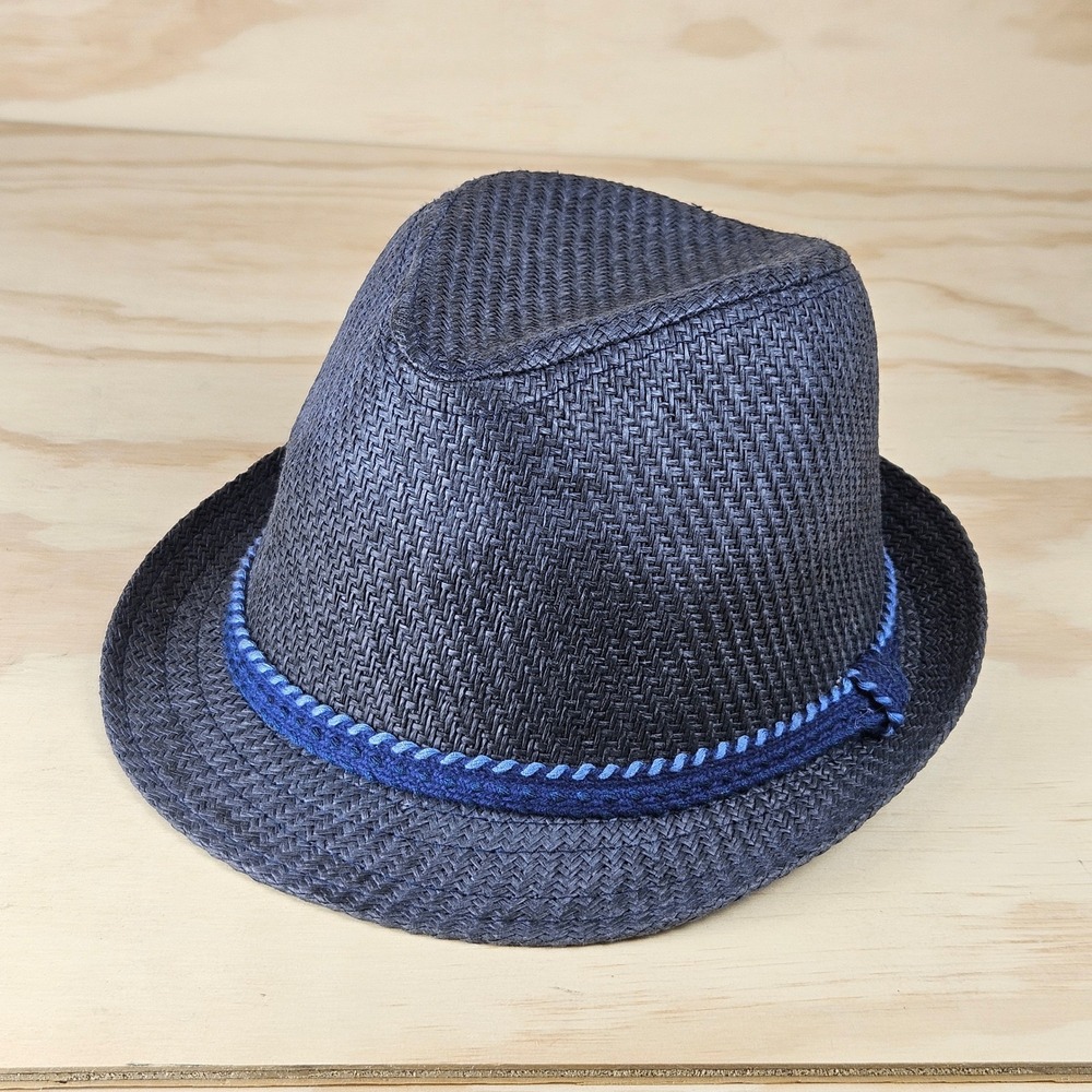 Navy Blue Woven Straw Fedora Hat with Braided Rope Band Size M/L